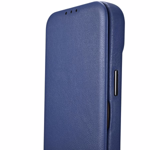 iCarer CE Premium odinis folio dėklas iPhone 14 Plus magnetinis atverčiamas odinis folio dėklas MagSafe mėlyna