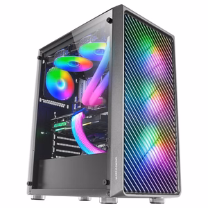 Mars Gaming MC-F ATX žaidimų pus-bokštelio korpusas, pilnas grūdintas stiklas, metalinė tinklelį priekyje, 4× 120 mm ARGB ventiliatoriai, juodas
