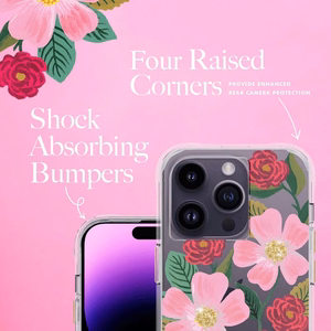 Rifle Paper Clear dėklas, skirtas iPhone 14 Pro, su aukso spalvos dekoru, „Rose Garden“ rašto