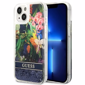 Guess GUHCP14SLFLSB iPhone 14 6.1 "mėlynas kietas dėklas Flower Liquid Glitter