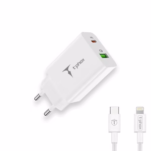 SIENINIS ĮKROVIKLIS T-PHOX SPEEDY USB-C 20W/USB 18W PD QC + LAIDAS LIGHTNING 1M BALTAS