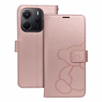 MEZZO knygos tipo dėklas telefonui XIAOMI Redmi Note 14 4G (GLOBAL - 164,84mm x 78,15mm x 8,16mm) su meškiuku, rožinio aukso spalvos