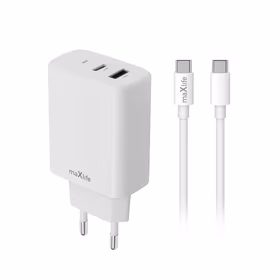 "Maxlife MXTC-10-20AC PD QC įkroviklis 1x USB-C 1x USB 20W baltas + USB-C - USB-C kabelis 20W