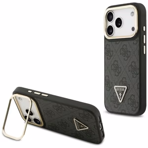 Guess 4G PU trikampio logotipo ir stovo kameros magnetinis dėklas telefonui iPhone 17 Pro - juodas
