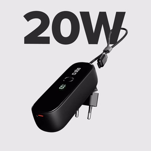 SBS Hybrid PD 20W 5000mAh išorinė baterija su įmontuotu kabeliu ir sulankstomu kištuku - juoda