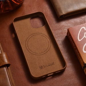 iCarer Dėklas Odinis viršelis iPhone 14 Plus rudas (suderinamas su MagSafe)