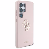 Dėklas telefonui Samsung Galaxy S25 Ultra – rožinis, Guess silikoninis didelis 4G logotipo apačioje užrašas