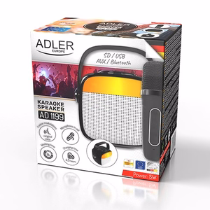 Adler AD 1199 karaokės garsiakalbis su mikrofonu, SD/USB/AUX/Bluetooth, juodas