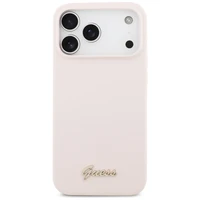 Guess Silikoninis Raštas Metalinis Logo Magnetinė dėklas telefonui iPhone 17 Pro Max - Rožinė