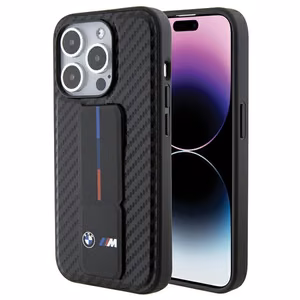BMW su stovu lygus ir anglies dėklas telefonui iPhone 15 Pro - juodas