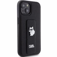 Karl Lagerfeld Gripstand Saffiano Choupette Pins dėklas telefonui iPhone 15 Plus / 14 Plus - juodas