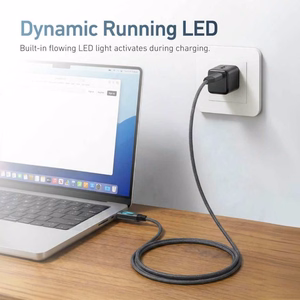 X-ONE FlowLink duomenų laidas su bėgančiu LED apšvietimu – C–C tipo – 5A, iki 100W, 1,2m, juodas