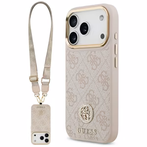 Guess 4G Strass Logo & Big Strap Metal Buttons Magnetinis dėklas telefonui iPhone 17 Pro - rožinė