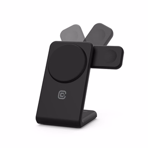 Crong MagSpot Pivot Stand 3 viename belaidis įkroviklis, skirtas iPhone, Apple Watch ir AirPods, suderinamas su MagSafe, juodas