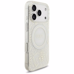 Guess IML Flowers Allover Electroplated MagSafe dėklas su perlų dirželiu, skirtas iPhone 18 Pro / 17 Pro – spalva: balta