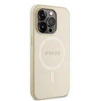 Guess GUHMP15LPSAHMCB iPhone 15 Pro 6.1" auksinis/auksinis kietas dėklas Saffiano MagSafe