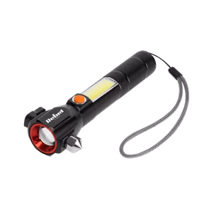 Rebel multifunction rechargeable flashlight with zoom, knife and glass hammer