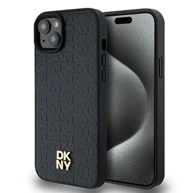 DKNY Odinis raštas metalinis logotipas Magnetinis dėklas iPhone 15 / 14 / 13 - juoda