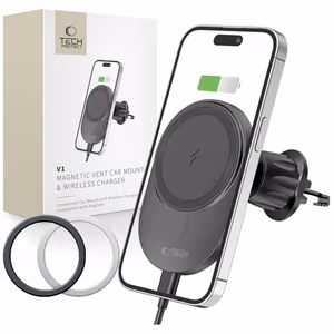 Tech-Protect MM15W-V1 automobilinis telefono laikiklis su MagSafe 15W indukciniu įkrovikliu, tvirtinamas prie oro angos - juodas