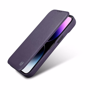 iCarer CE Premium odinis folio dėklas iPhone 14 Plus magnetinis atverčiamas odinis folio dėklas MagSafe tamsiai violetinė