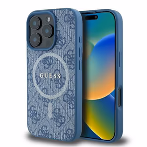Guess 4G žiedo klasikinio logotipo magnetinis dėklas telefonui iPhone 16 Pro - mėlynas