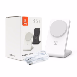 Crong MagSpot Stand 2 viename belaidis įkroviklis, skirtas iPhone ir AirPods, suderinamas su MagSafe, baltas