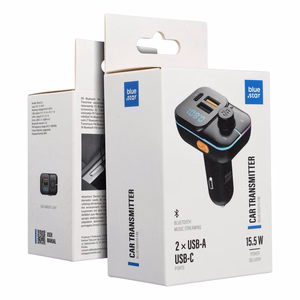Juodas automobilinis siųstuvas Blue Star Wave L3 su RGB dekoratyviniu apšvietimu, 1 × USB-C, 2 × USB, 20 W