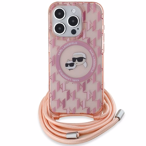 Karl Lagerfeld IML Crossbody Monogram Karl & Choupette Head MagSafe dėklas telefonui iPhone 15 Pro Max - rožinis