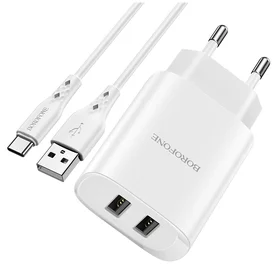 Borofone Sieninis įkroviklis BN2 Super - 2xUSB - 2,1A su USB į Type C baltas