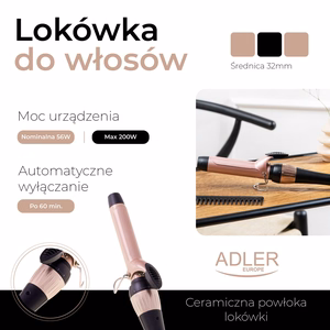 Adler AD 2118 – keraminės garbanojimo žnyplės, 32 mm, iki 200 °C, 56 W, juodos / rožinės