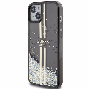 Guess Liquid Glitter Gold Stripes dėklas telefonui iPhone 15 Plus / 14 Plus - juodas