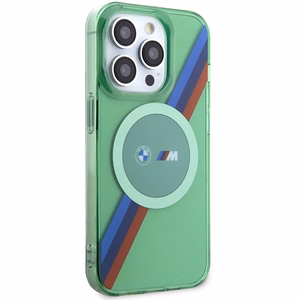 BMW M trispalvės juostelės magnetinis dėklas telefonui iPhone 15 Pro - žalias