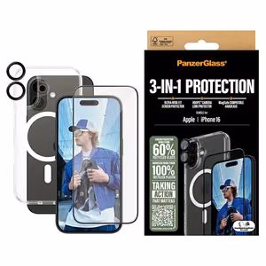 PanzerGlass Rinkinys 3in1 iPhone 16 6.1 D3O kietasis dėklas + Apsauginis stiklas UWF+ Objektyvo apsauga B1291+2861+1283
