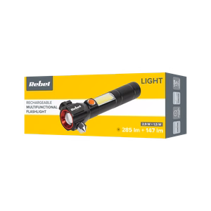 Rebel multifunction rechargeable flashlight with zoom, knife and glass hammer