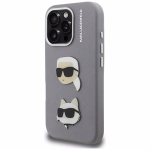 Karl Lagerfeld FW Grained Karl & Choupette Heads Pins Dėklas iPhone 16 Pro - pilkas