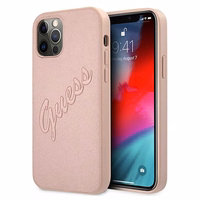 Guess GUHCP12MRSAVSRG iPhone 12/12 Pro 6.1 rožinis kietasis dėklas Saffiano Vintage Script