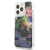 Guess GUHCP13LLFLSB iPhone 13 Pro / 13 6.1" mėlynas kietas dėklas gėlių skystas blizgučiai