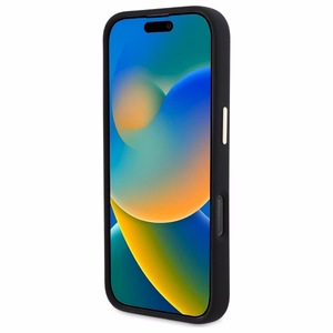 "Guess" silikoninis korpusas su metaliniu logotipu ir rėmeliu, skirtas "iPhone 16 Pro" - juodas