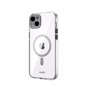 Moshi iGlaze dėklas, skirtas iPhone 14 Plus, suderinamas su MagSafe, skaidrus su „Meteorite Gray“ spalvos detalėmis
