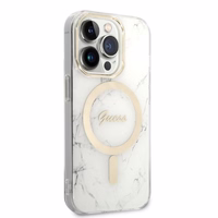 Rinkinys Guess GUBPP14LHMEACSH dėklas + įkroviklis iPhone 14 Pro 6.1" baltas/baltas kietas dėklas Marble Magnetinis