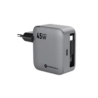 FORCELL F-ENERGY GaN III VT-R5 kelioninis įkroviklis su ištraukiamu kabeliu Type C ir Type C įkrovimo prievadu PD QC4.0 3A 45W pilkas