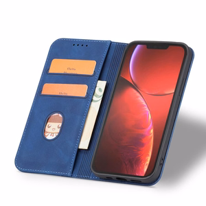 Magnetinis puošnus dėklas telefonui iPhone 14 Plus su atverčiamu dangteliu, pinigine ir stovu, mėlyna