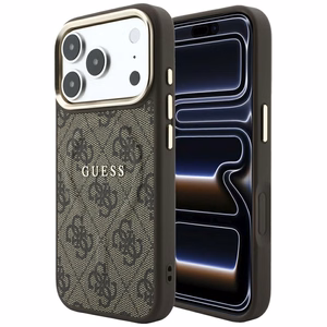 Guess Embossed 4G Classic MagSafe dėklas, skirtas iPhone 17 Pro Max / 18 Pro Max, rudas