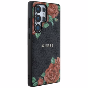 Guess odinis 4G gėlių rašto metalo klasikinis logotipas magnetinis dėklas telefonui Samsung Galaxy S25 Ultra - juodas