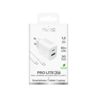 Puro PROLITE 30W USB-A / USB-C sieninis įkroviklis + USB-C - USB-C kabelis 1.2m - baltas