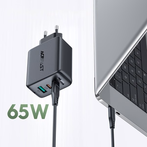 Acefast 2in1 sieninis įkroviklis 2x USB-C / USB-A 65W, PD, QC 3.0, AFC, FCP (rinkinys su USB-C 1.2m kabeliu), juodas (A13 black)