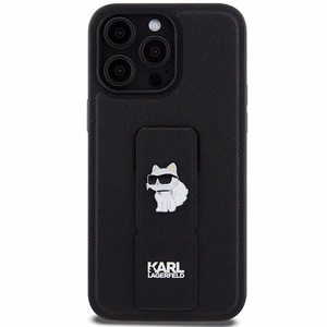 Karl Lagerfeld Gripstand Saffiano Choupette Pins dėklas telefonui iPhone 13 Pro Max - juodas