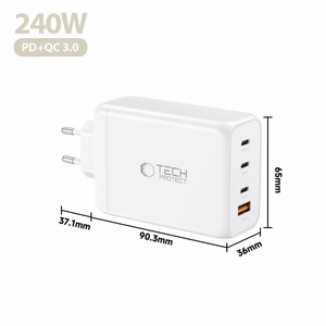 "Tech-Protect NC240W-GaN" 4 prievadų 240 W sieninis įkroviklis - baltas
