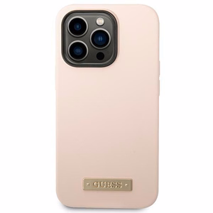 Guess Silicone Logo Plate MagSafe dėklas iPhone 14 Pro, rožinis