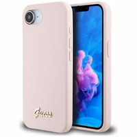 Guess Silicone Script Metal Logo MagSafe dėklas telefonui iPhone 16e - rožinė